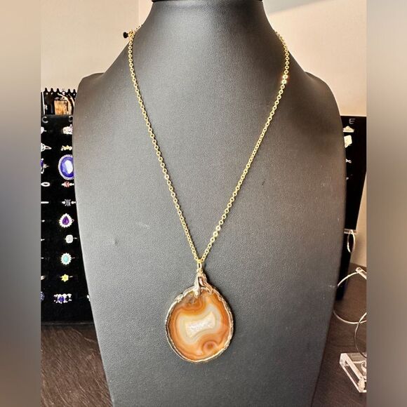 18" Genuine agate slice pendant and gold tone metal necklace!! - Picture 3 of 6
